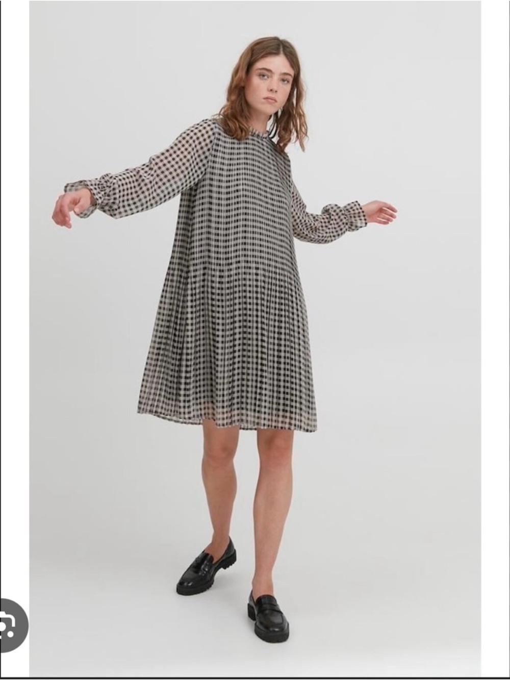 ICHI Sheer Long-Sleeve Check Shift Dress in Black and White